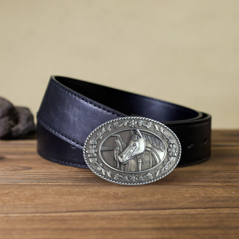 Ceinture en cuir à boucle émaillée pour homme avec tête de cheval