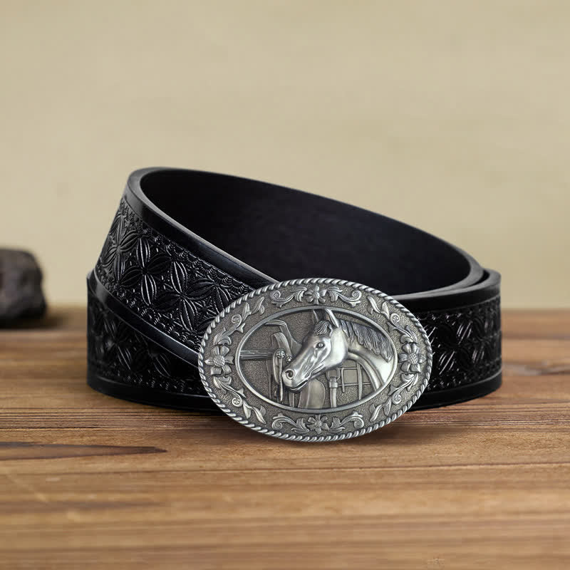 Ceinture en cuir à boucle émaillée pour homme avec tête de cheval