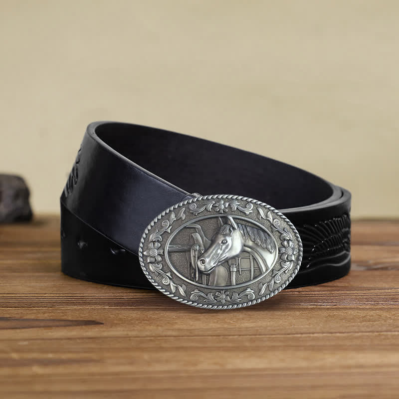 Ceinture en cuir à boucle émaillée pour homme avec tête de cheval