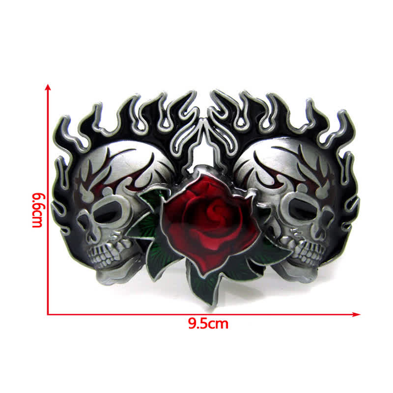 Ceinture en cuir à boucle double tête de mort et roses pour homme