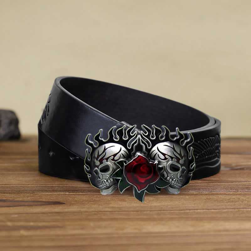 Ceinture en cuir à boucle double tête de mort et roses pour homme