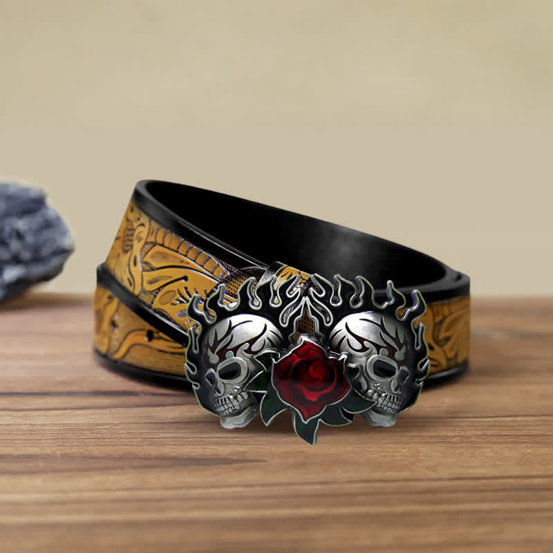 Ceinture en cuir à boucle double tête de mort et roses pour homme