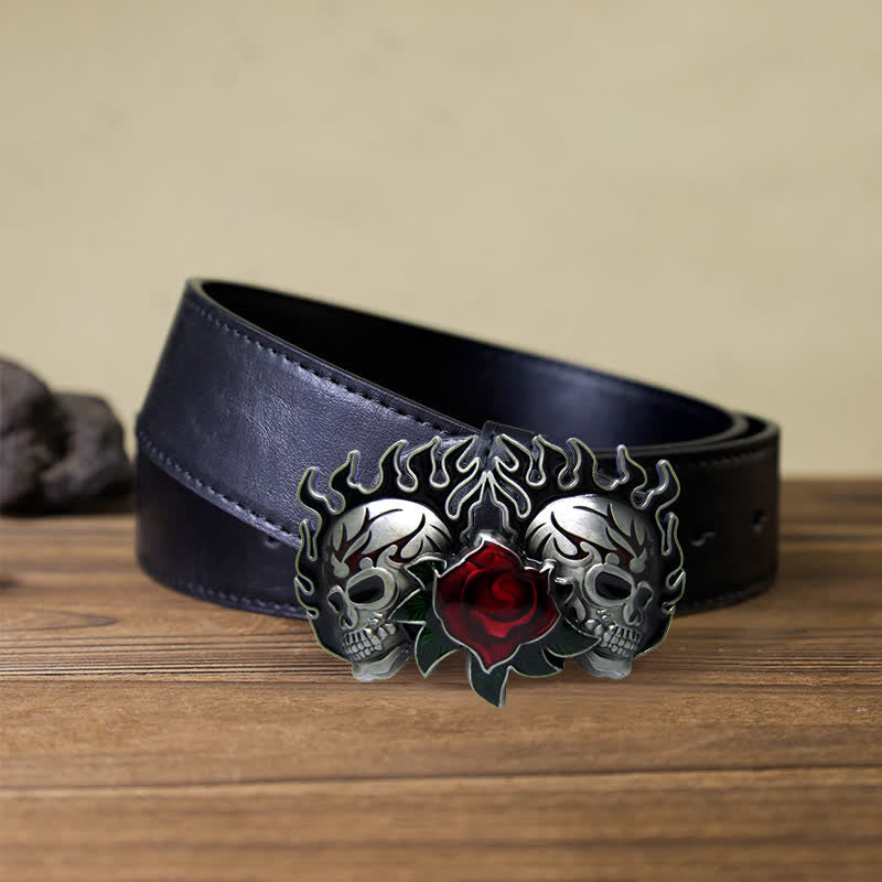 Ceinture en cuir à boucle double tête de mort et roses pour homme