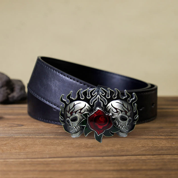 Ceinture en cuir à boucle double tête de mort et roses pour homme