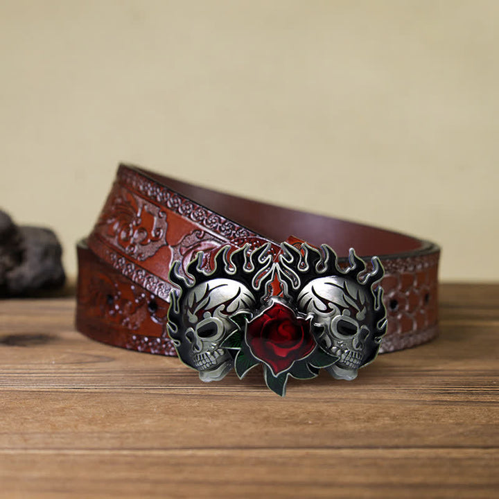 Ceinture en cuir à boucle double tête de mort et roses pour homme