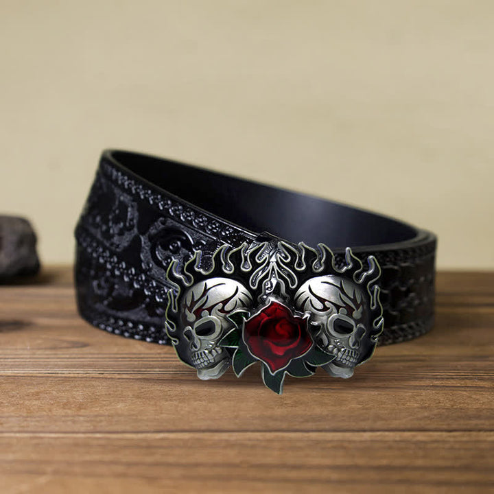 Ceinture en cuir à boucle double tête de mort et roses pour homme