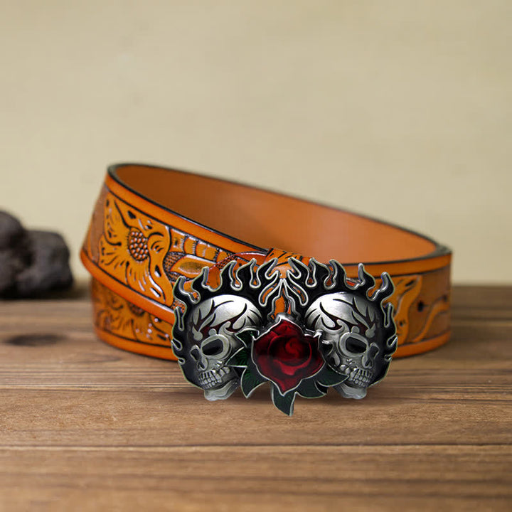Ceinture en cuir à boucle double tête de mort et roses pour homme
