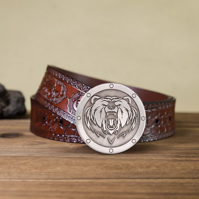 Ceinture en cuir à boucle ronde punk tête de tigre pour homme