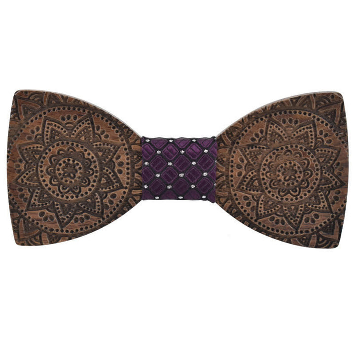 Nœud papillon en bois de luxe avec gravure de fleurs pour homme