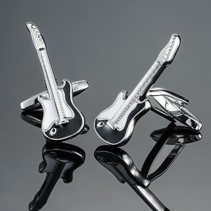 Boutons de manchette élégants pour hommes avec notes d'instruments de musique - Guitare noire et argentée - image 15