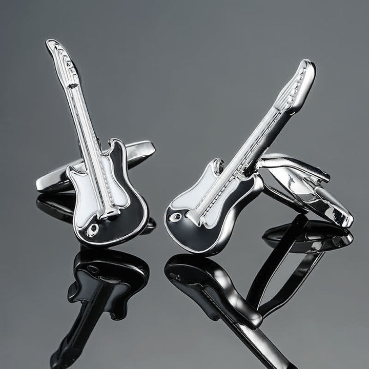 Boutons de manchette élégants pour hommes avec notes d'instruments de musique - Guitare noire et argentée - image 15