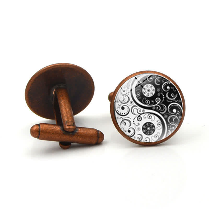 Boutons de manchette en forme de dôme en verre noir et blanc Yin Yang pour hommes - Cuivre rouge antique - image 9