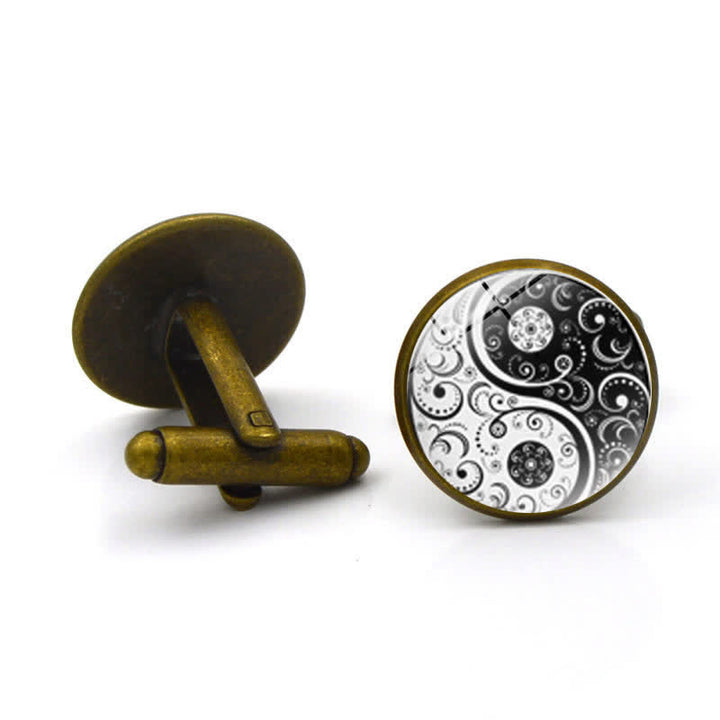 Boutons de manchette en forme de dôme en verre noir et blanc Yin Yang pour hommes - Bronze antique - image 7