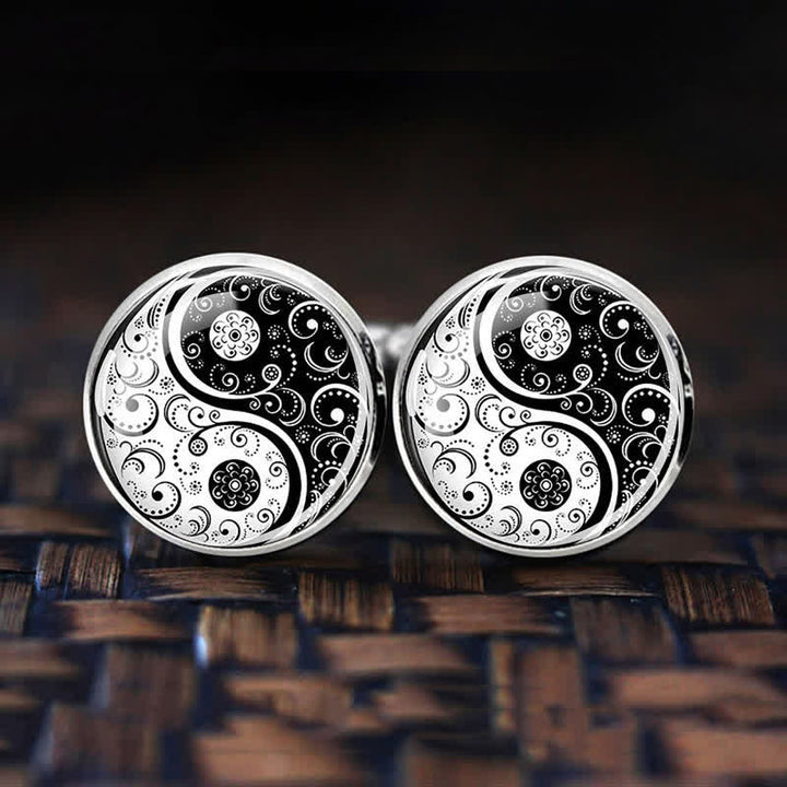 Boutons de manchette en forme de dôme en verre noir et blanc Yin Yang pour hommes - image 0