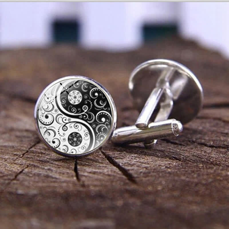 Boutons de manchette en forme de dôme en verre noir et blanc Yin Yang pour hommes - Argent - image 1