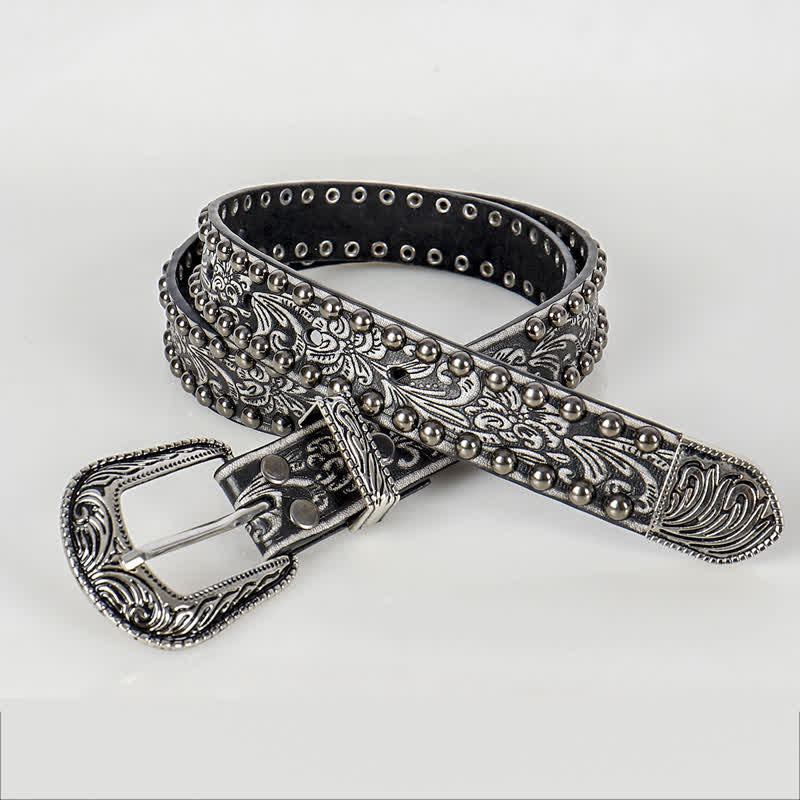Ceinture en cuir cloutée à motif floral gravé punk pour femme