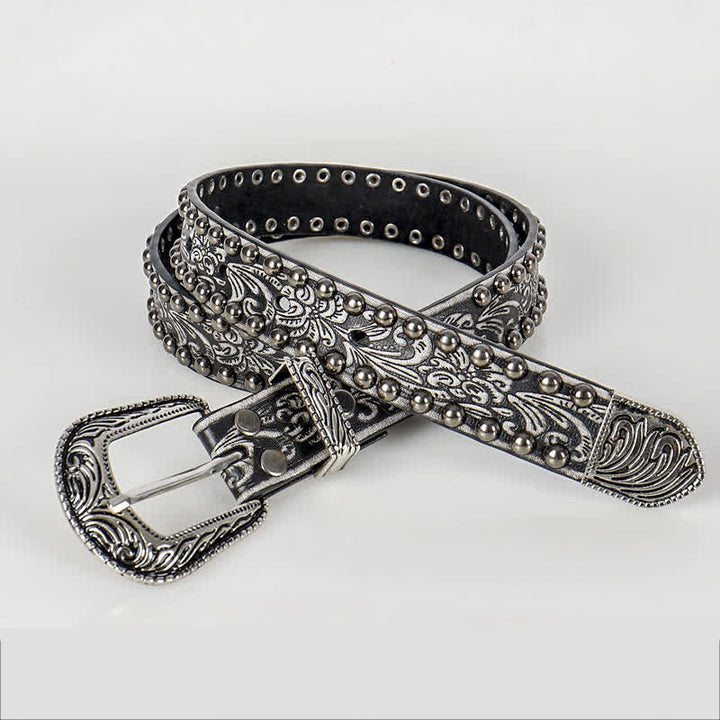 Ceinture en cuir cloutée à motif floral gravé punk pour femme
