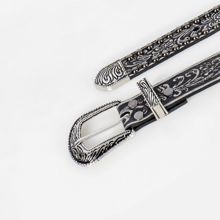 Ceinture en cuir cloutée à motif floral gravé punk pour femme
