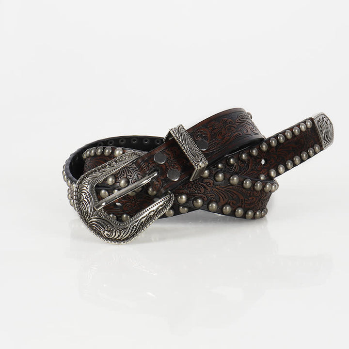 Ceinture en cuir cloutée à motif floral gravé punk pour femme