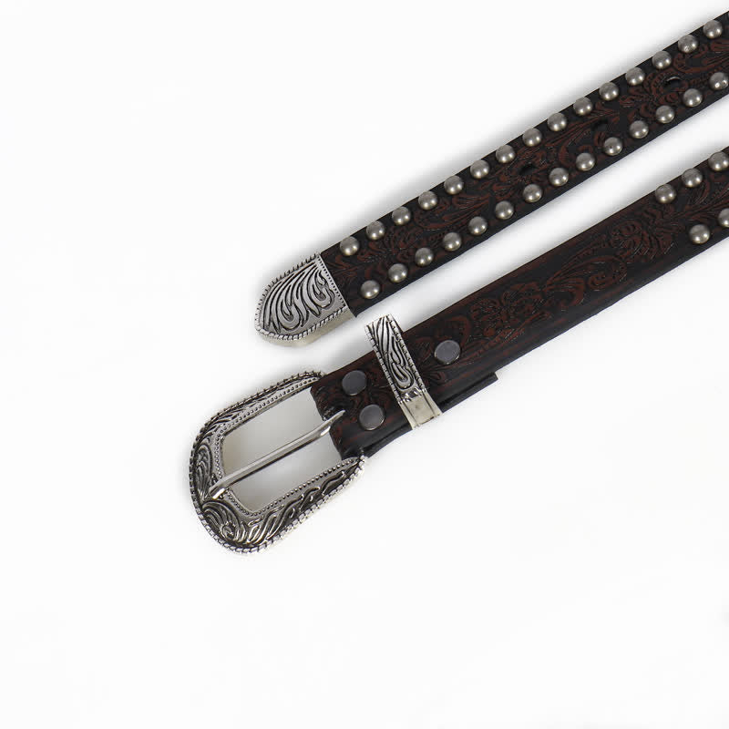 Ceinture en cuir cloutée à motif floral gravé punk pour femme