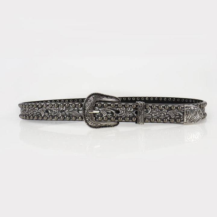 Ceinture en cuir cloutée à motif floral gravé punk pour femme
