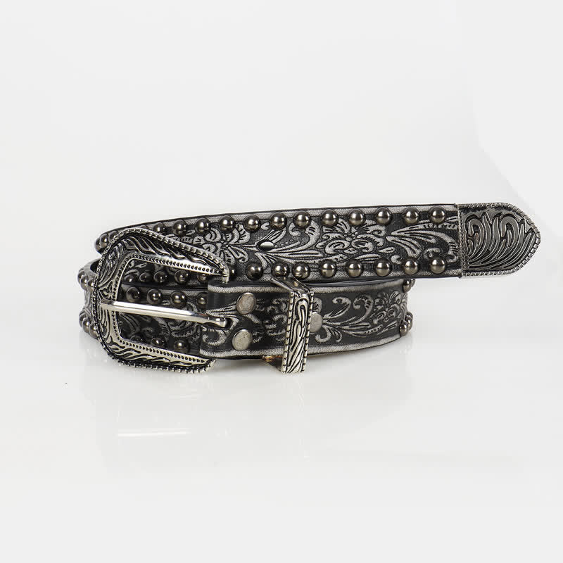 Ceinture en cuir cloutée à motif floral gravé punk pour femme