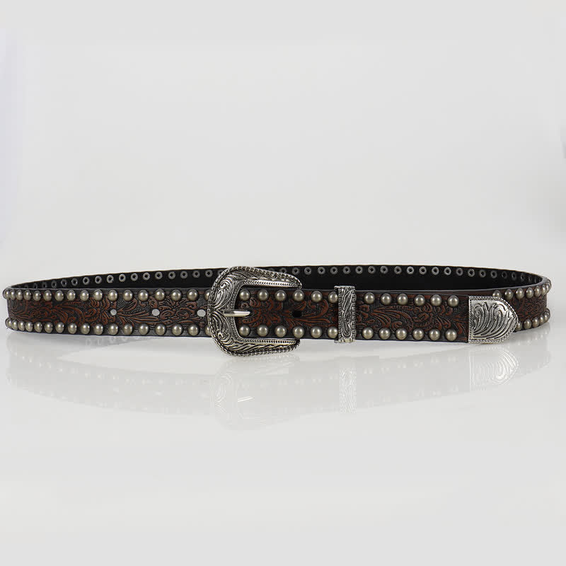 Ceinture en cuir cloutée à motif floral gravé punk pour femme