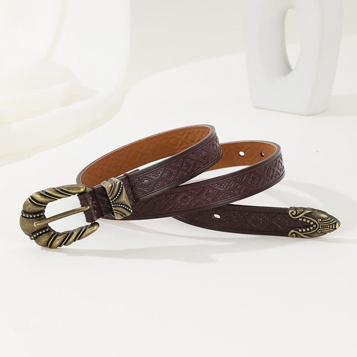 Ceinture en cuir café gaufré à losanges pour femme