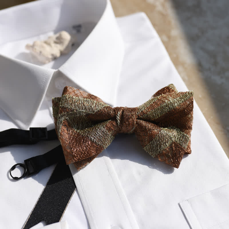 Nœud papillon rayé vintage en lin marron et doré pour homme