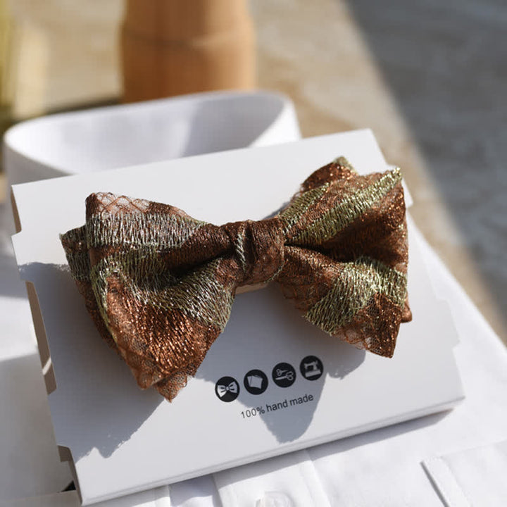 Nœud papillon rayé vintage en lin marron et doré pour homme