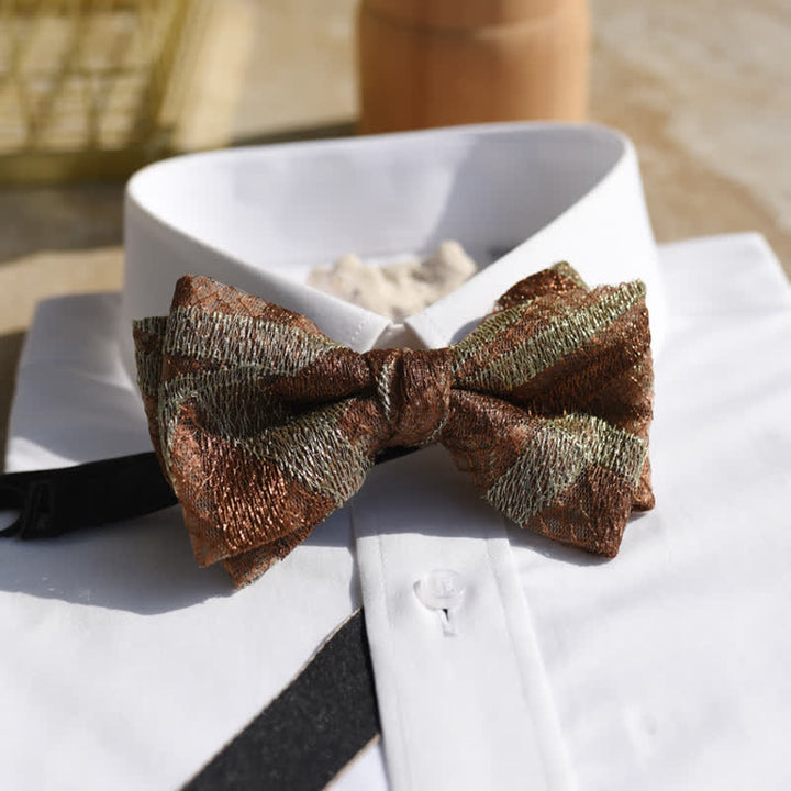 Nœud papillon rayé vintage en lin marron et doré pour homme