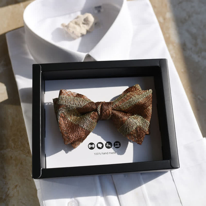 Nœud papillon rayé vintage en lin marron et doré pour homme
