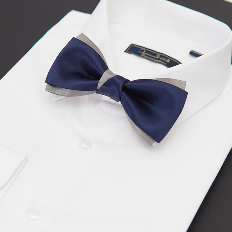 Noeud papillon double épaisseur bleu marine et argent pour homme