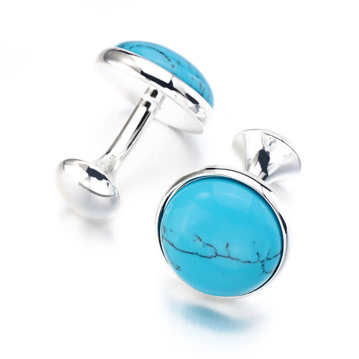 Boutons de manchette ronds pour hommes avec pierres précieuses bleu turquoise - image 4