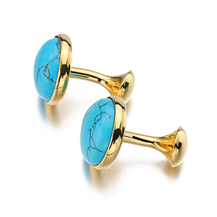 Boutons de manchette ronds pour hommes avec pierres précieuses bleu turquoise - image 2