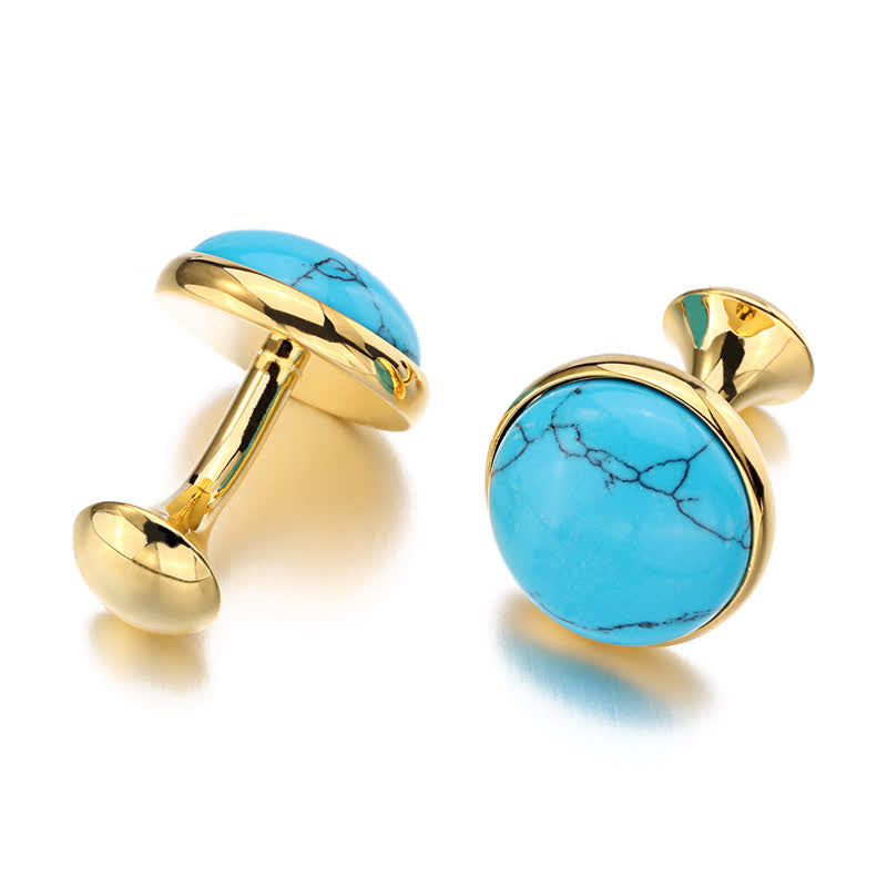 Boutons de manchette ronds pour hommes avec pierres précieuses bleu turquoise - image 1