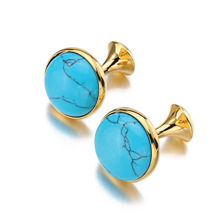 Boutons de manchette ronds pour hommes avec pierres précieuses bleu turquoise - Or - image 0