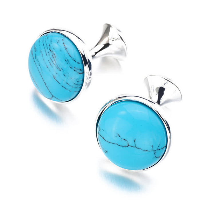 Boutons de manchette ronds pour hommes avec pierres précieuses bleu turquoise - Argent - image 3