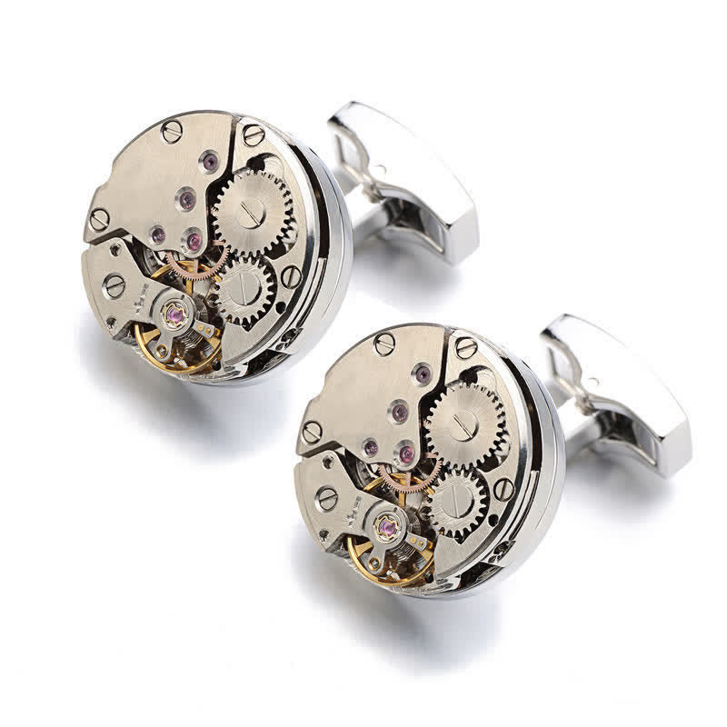 Boutons de manchette Steampunk pour hommes avec mouvement de montre cool - Argent - image 0