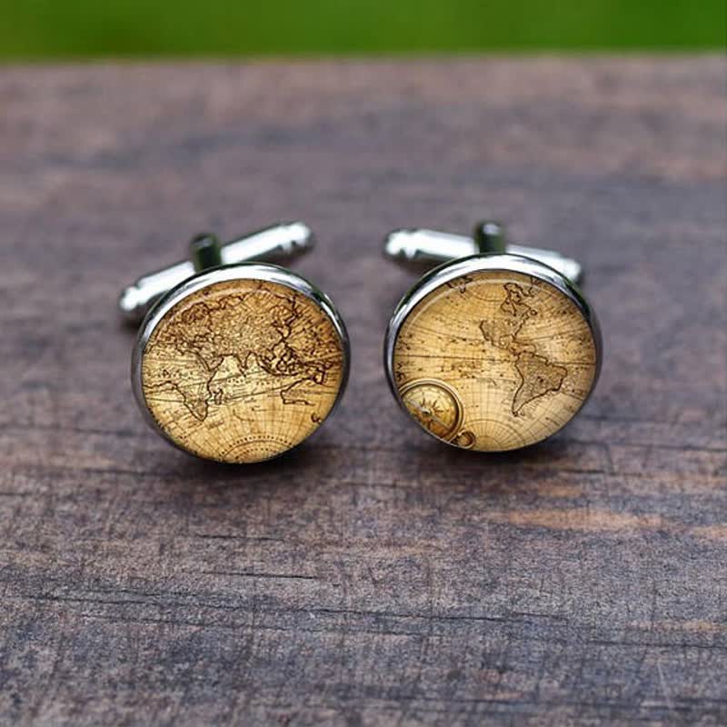 Boutons de manchette vintage pour hommes avec carte des villes du monde - Style #1 - image 0