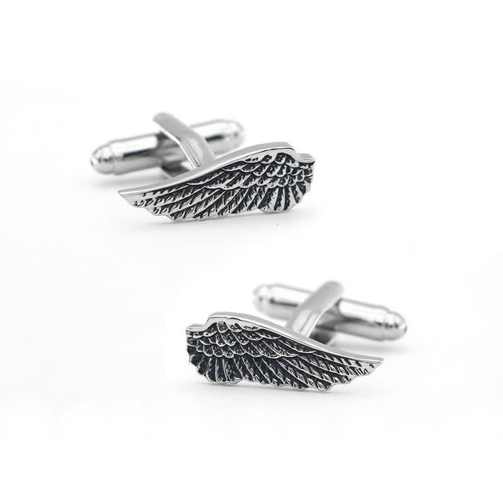 Boutons de manchette pour hommes en forme d'ailes d'ange noires et argentées