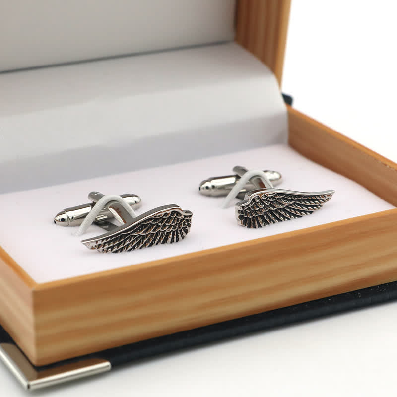 Boutons de manchette pour hommes en forme d'ailes d'ange noires et argentées