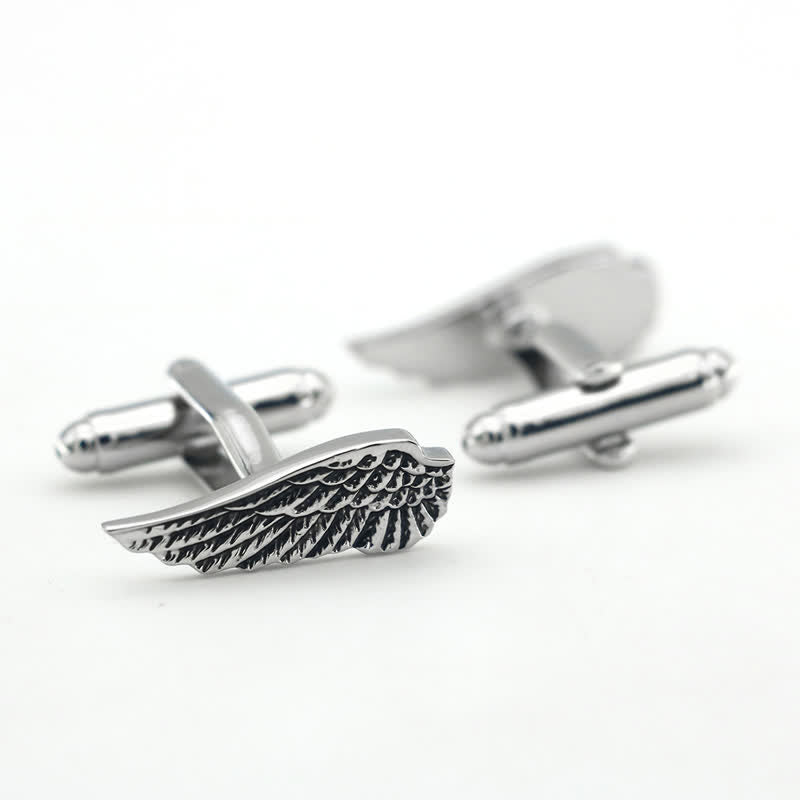 Boutons de manchette pour hommes en forme d'ailes d'ange noires et argentées