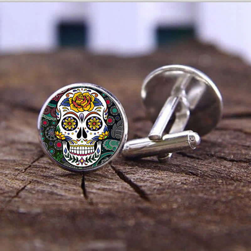 Boutons de manchette pour homme en forme de crâne de sucre, art populaire mexicain