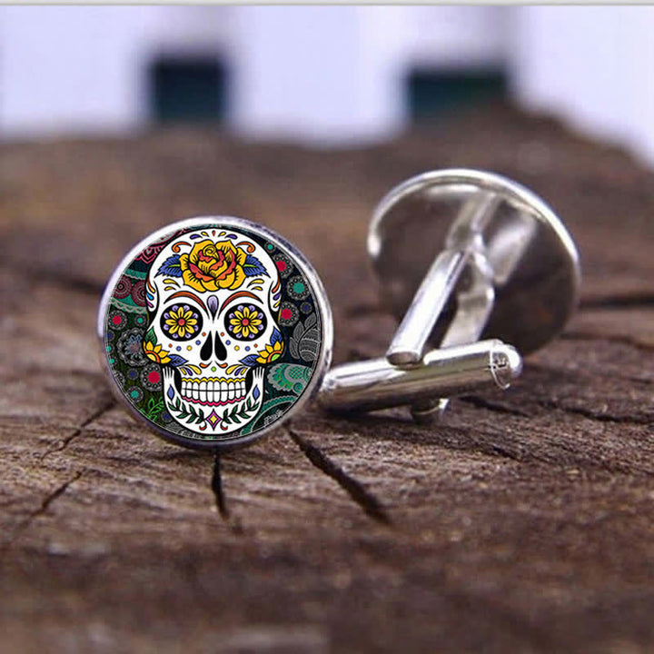 Boutons de manchette pour homme en forme de crâne de sucre, art populaire mexicain