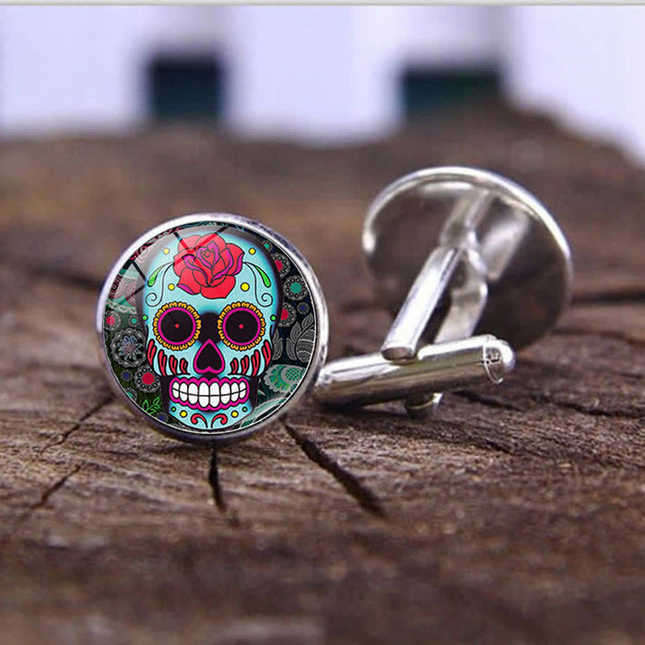 Boutons de manchette pour homme en forme de crâne de sucre, art populaire mexicain