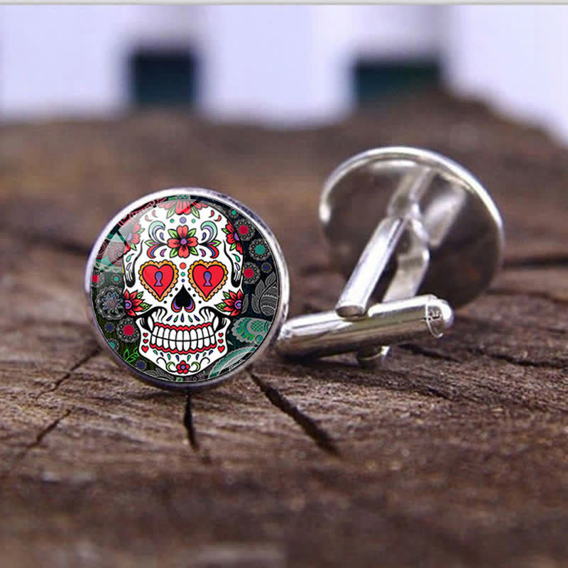Boutons de manchette pour homme en forme de crâne de sucre, art populaire mexicain - Style #1 - image 0