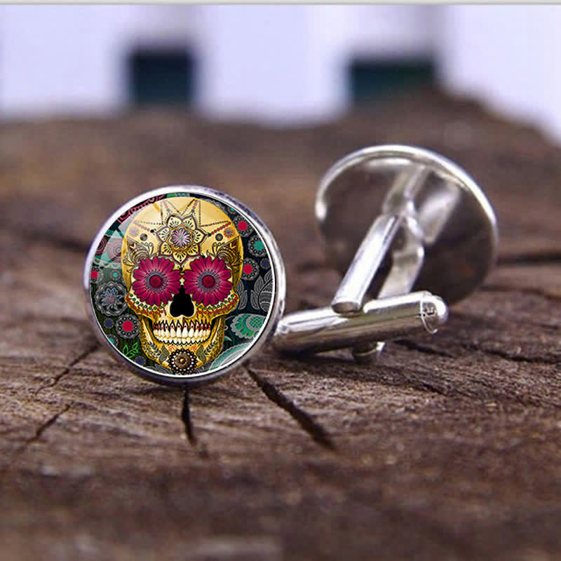Boutons de manchette pour homme en forme de crâne de sucre, art populaire mexicain