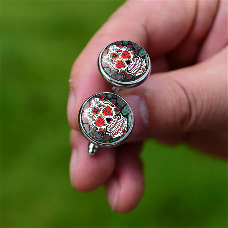 Boutons de manchette pour homme en forme de crâne de sucre, art populaire mexicain