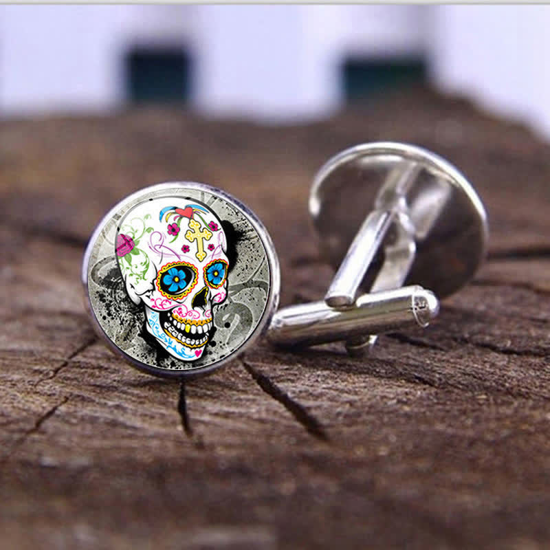 Boutons de manchette pour homme en forme de crâne de sucre, art populaire mexicain